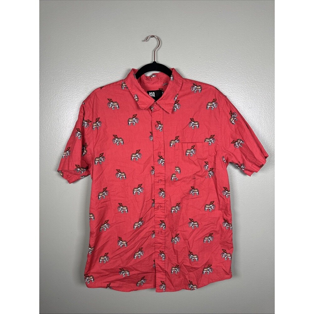 RSQ Collective Elephant Print Short Sleeve‎ Button Down Shirt Men's Medium Red